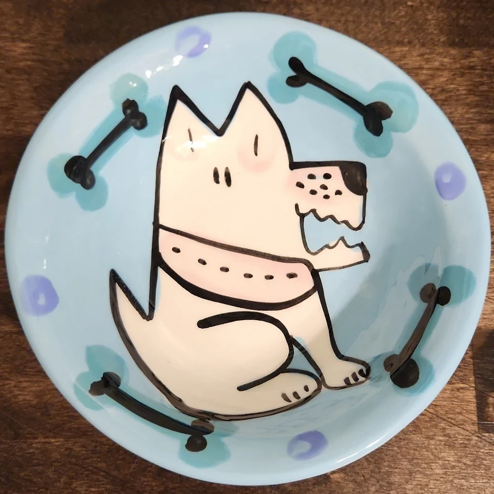 Set Of 2 Signed Cartoon Dog - Dog Bone Pottery Bowls